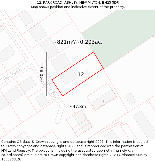 12, PARK ROAD, ASHLEY, NEW MILTON, BH25 5DR: Plot and title map