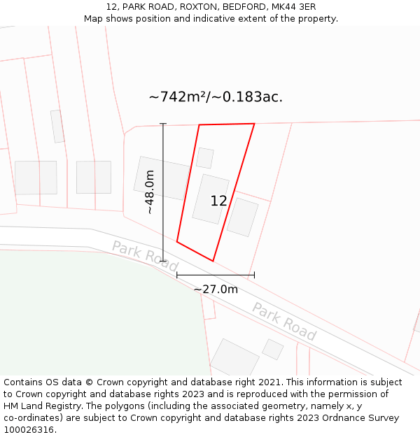 12, PARK ROAD, ROXTON, BEDFORD, MK44 3ER: Plot and title map