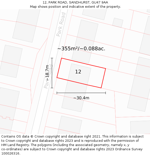 12, PARK ROAD, SANDHURST, GU47 9AA: Plot and title map