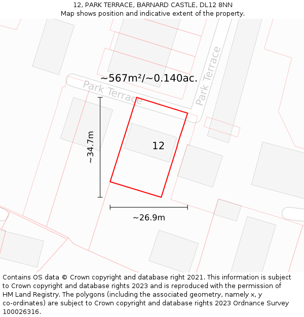 12, PARK TERRACE, BARNARD CASTLE, DL12 8NN: Plot and title map