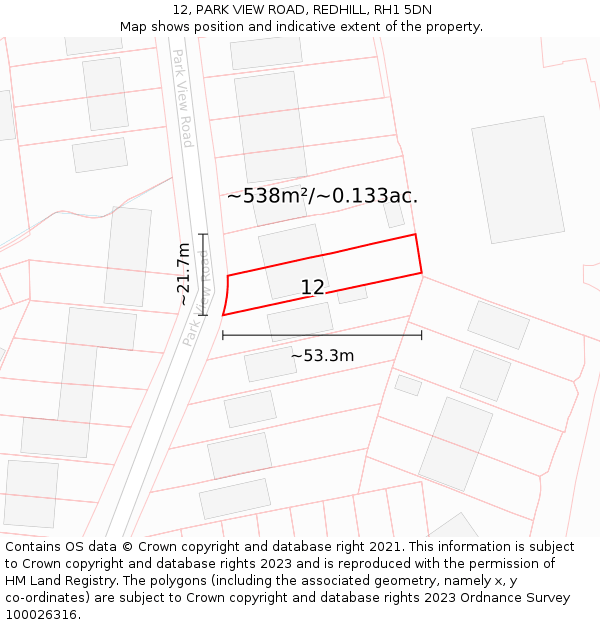 12, PARK VIEW ROAD, REDHILL, RH1 5DN: Plot and title map