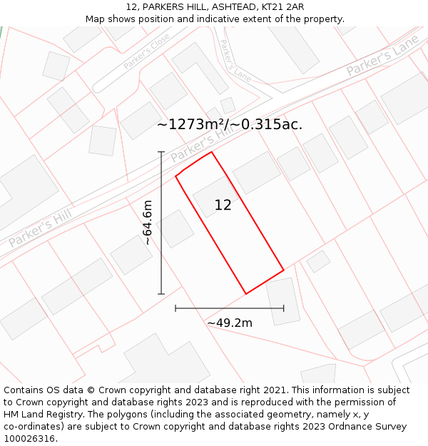 12, PARKERS HILL, ASHTEAD, KT21 2AR: Plot and title map