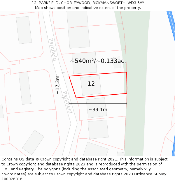 12, PARKFIELD, CHORLEYWOOD, RICKMANSWORTH, WD3 5AY: Plot and title map