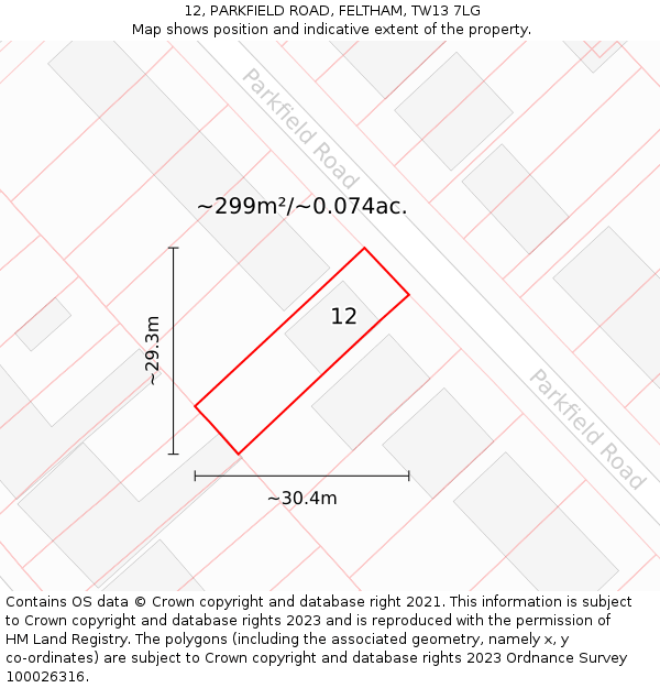 12, PARKFIELD ROAD, FELTHAM, TW13 7LG: Plot and title map