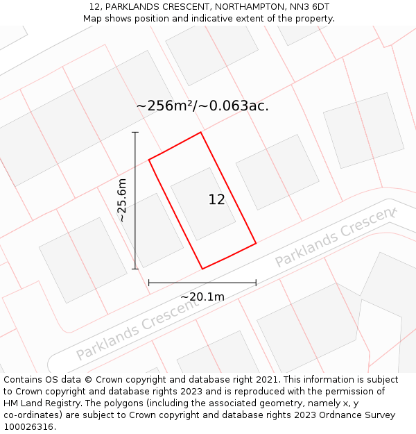 12, PARKLANDS CRESCENT, NORTHAMPTON, NN3 6DT: Plot and title map