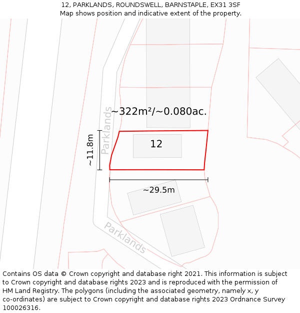 12, PARKLANDS, ROUNDSWELL, BARNSTAPLE, EX31 3SF: Plot and title map