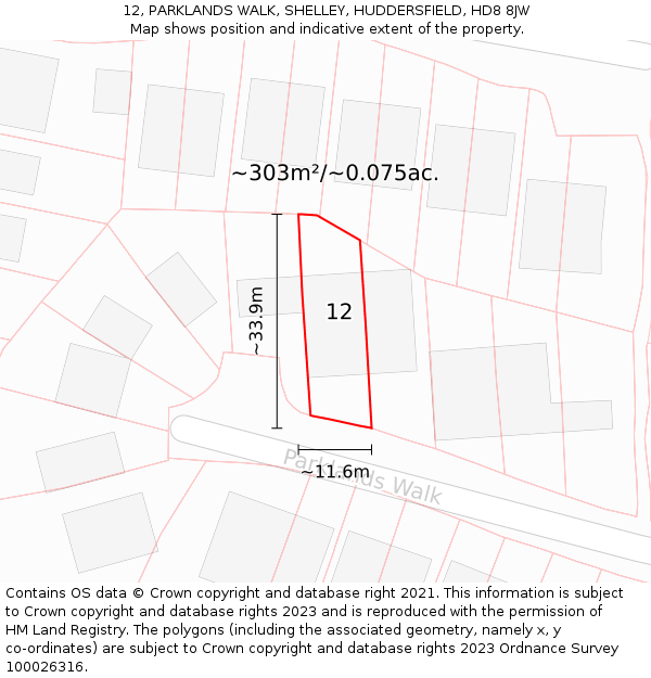 12, PARKLANDS WALK, SHELLEY, HUDDERSFIELD, HD8 8JW: Plot and title map