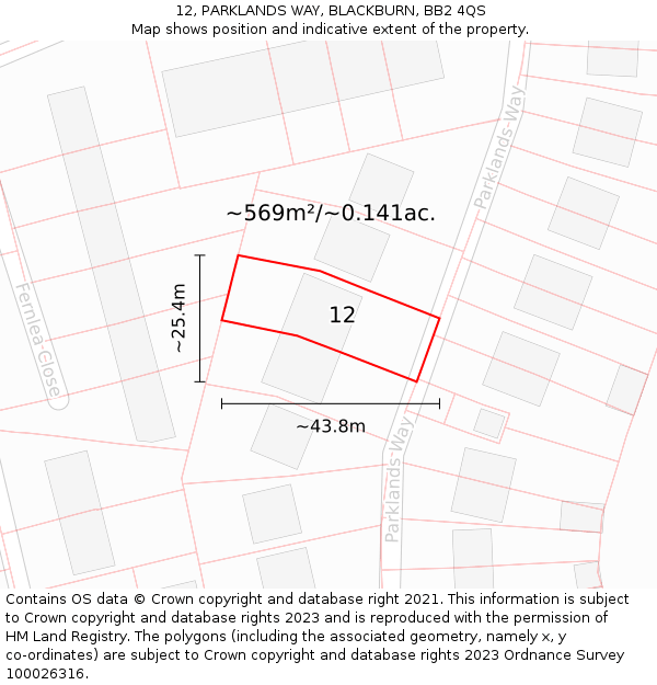 12, PARKLANDS WAY, BLACKBURN, BB2 4QS: Plot and title map