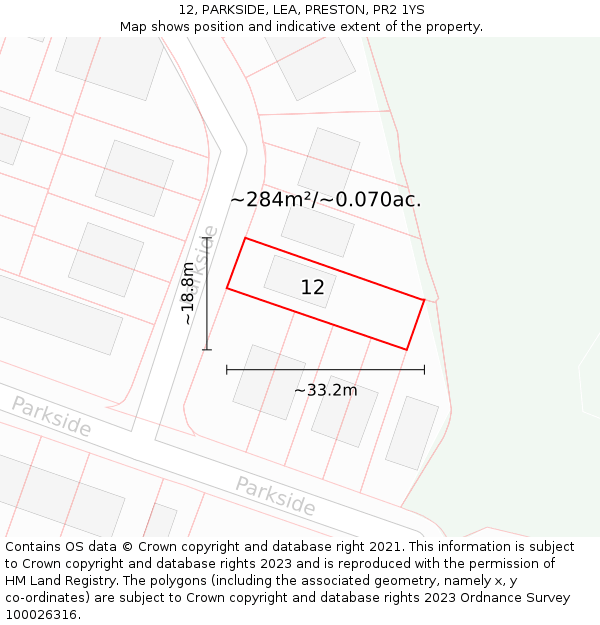 12, PARKSIDE, LEA, PRESTON, PR2 1YS: Plot and title map