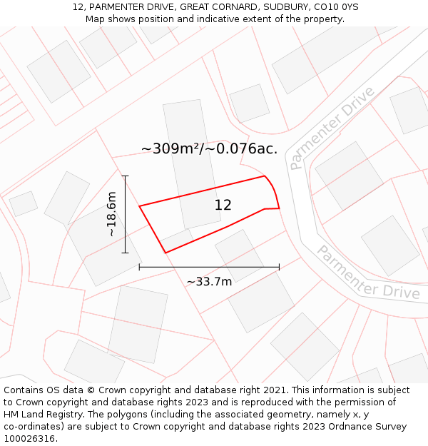 12, PARMENTER DRIVE, GREAT CORNARD, SUDBURY, CO10 0YS: Plot and title map