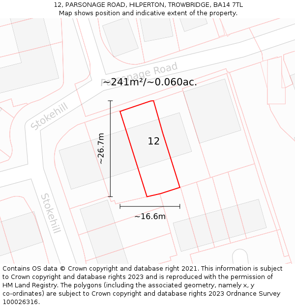 12, PARSONAGE ROAD, HILPERTON, TROWBRIDGE, BA14 7TL: Plot and title map