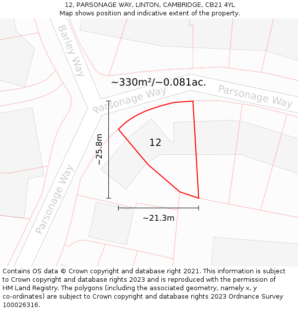 12, PARSONAGE WAY, LINTON, CAMBRIDGE, CB21 4YL: Plot and title map