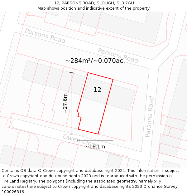 12, PARSONS ROAD, SLOUGH, SL3 7GU: Plot and title map