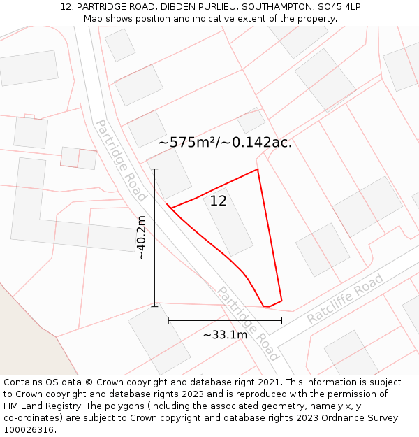 12, PARTRIDGE ROAD, DIBDEN PURLIEU, SOUTHAMPTON, SO45 4LP: Plot and title map