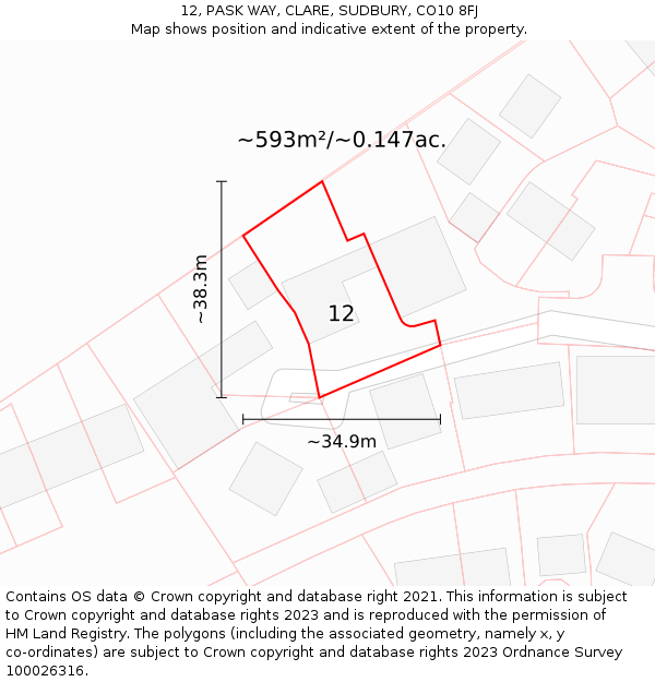 12, PASK WAY, CLARE, SUDBURY, CO10 8FJ: Plot and title map