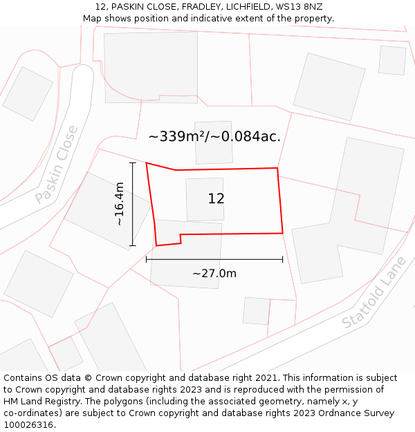 12, PASKIN CLOSE, FRADLEY, LICHFIELD, WS13 8NZ: Plot and title map