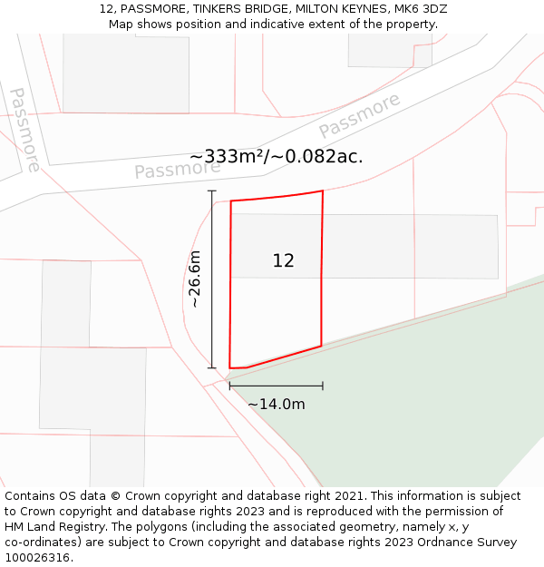 12, PASSMORE, TINKERS BRIDGE, MILTON KEYNES, MK6 3DZ: Plot and title map