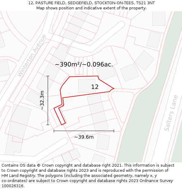 12, PASTURE FIELD, SEDGEFIELD, STOCKTON-ON-TEES, TS21 3NT: Plot and title map