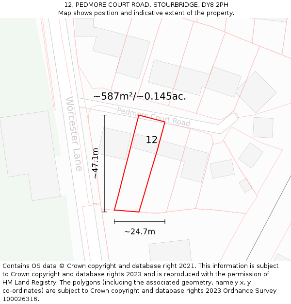 12, PEDMORE COURT ROAD, STOURBRIDGE, DY8 2PH: Plot and title map