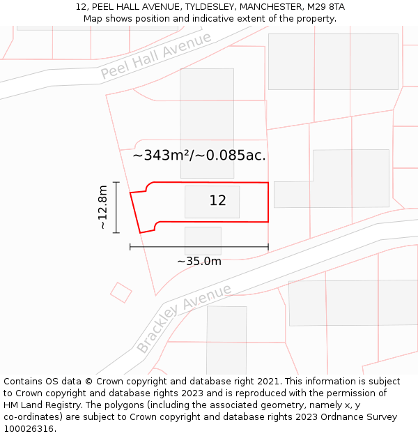 12, PEEL HALL AVENUE, TYLDESLEY, MANCHESTER, M29 8TA: Plot and title map