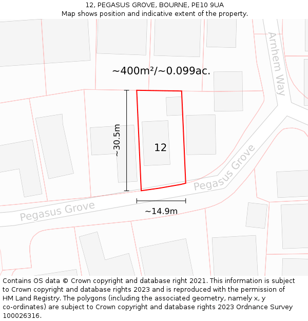 12, PEGASUS GROVE, BOURNE, PE10 9UA: Plot and title map