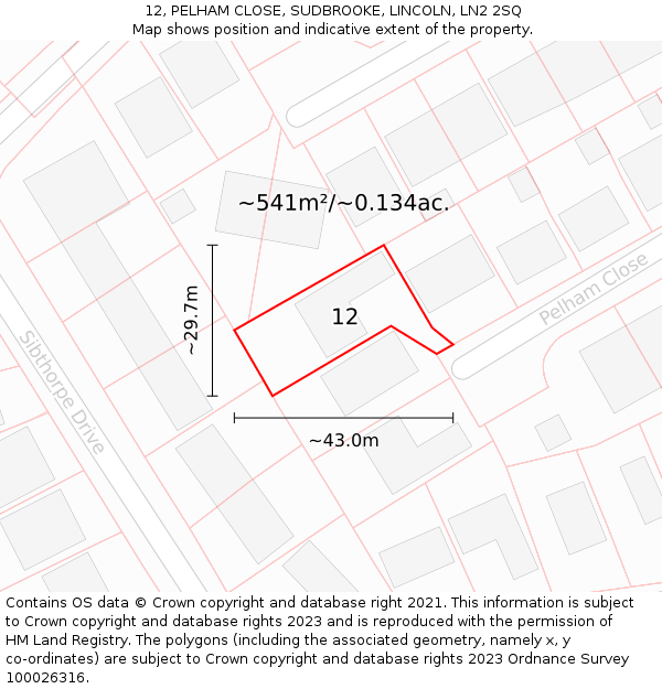 12, PELHAM CLOSE, SUDBROOKE, LINCOLN, LN2 2SQ: Plot and title map