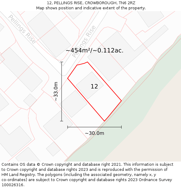 12, PELLINGS RISE, CROWBOROUGH, TN6 2RZ: Plot and title map