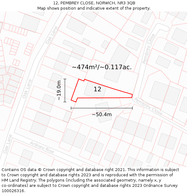 12, PEMBREY CLOSE, NORWICH, NR3 3QB: Plot and title map