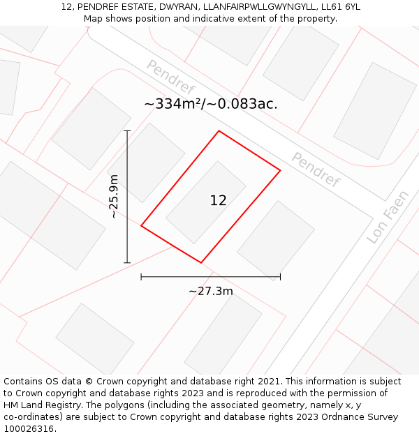 12, PENDREF ESTATE, DWYRAN, LLANFAIRPWLLGWYNGYLL, LL61 6YL: Plot and title map