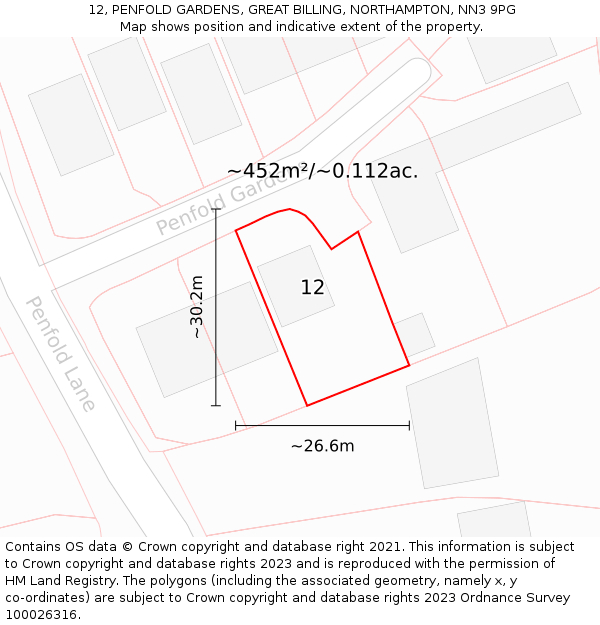 12, PENFOLD GARDENS, GREAT BILLING, NORTHAMPTON, NN3 9PG: Plot and title map