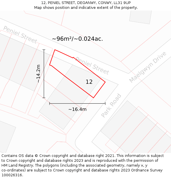 12, PENIEL STREET, DEGANWY, CONWY, LL31 9UP: Plot and title map