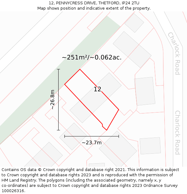 12, PENNYCRESS DRIVE, THETFORD, IP24 2TU: Plot and title map