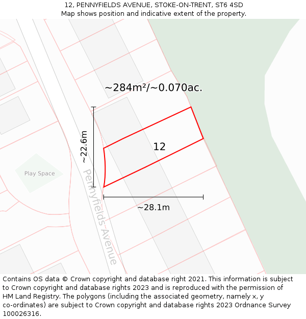 12, PENNYFIELDS AVENUE, STOKE-ON-TRENT, ST6 4SD: Plot and title map