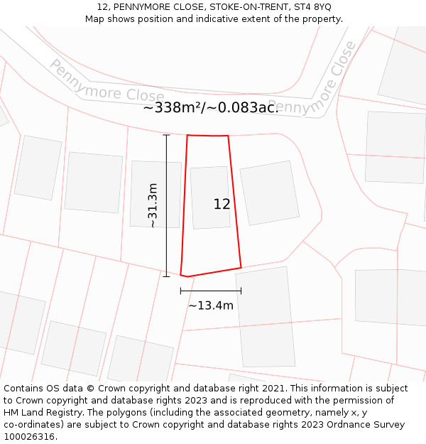 12, PENNYMORE CLOSE, STOKE-ON-TRENT, ST4 8YQ: Plot and title map