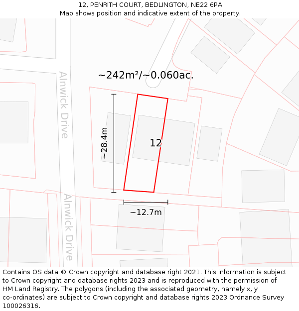 12, PENRITH COURT, BEDLINGTON, NE22 6PA: Plot and title map