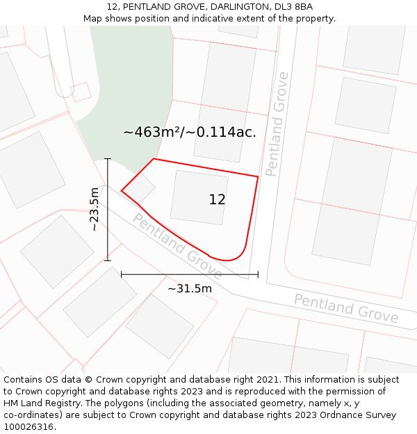 12, PENTLAND GROVE, DARLINGTON, DL3 8BA: Plot and title map