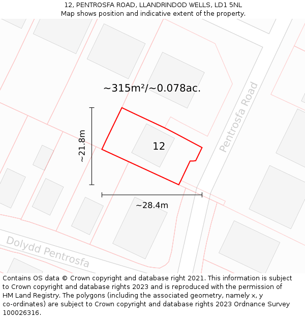 12, PENTROSFA ROAD, LLANDRINDOD WELLS, LD1 5NL: Plot and title map
