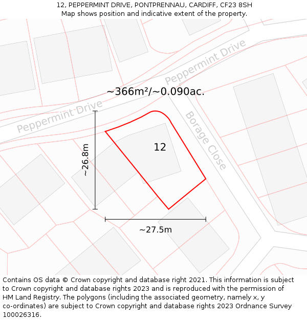 12, PEPPERMINT DRIVE, PONTPRENNAU, CARDIFF, CF23 8SH: Plot and title map