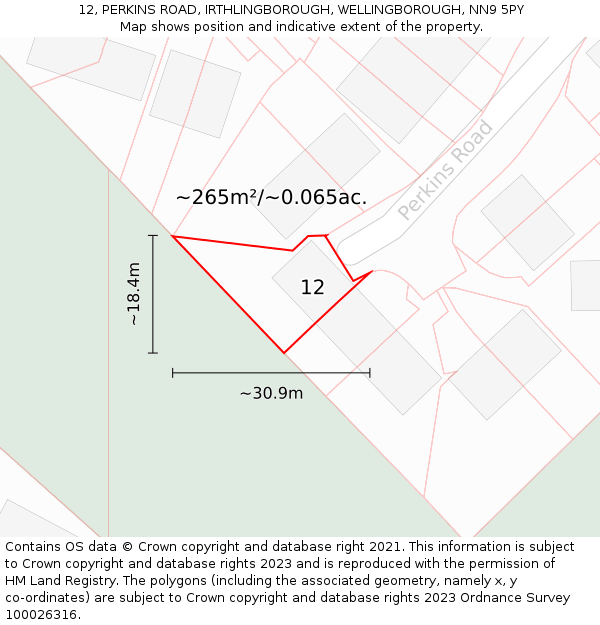 12, PERKINS ROAD, IRTHLINGBOROUGH, WELLINGBOROUGH, NN9 5PY: Plot and title map