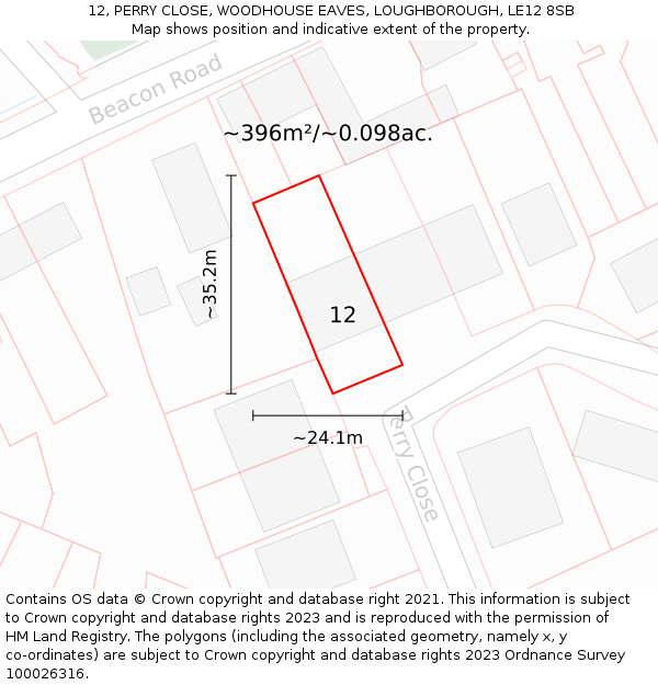 12, PERRY CLOSE, WOODHOUSE EAVES, LOUGHBOROUGH, LE12 8SB: Plot and title map