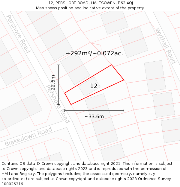 12, PERSHORE ROAD, HALESOWEN, B63 4QJ: Plot and title map