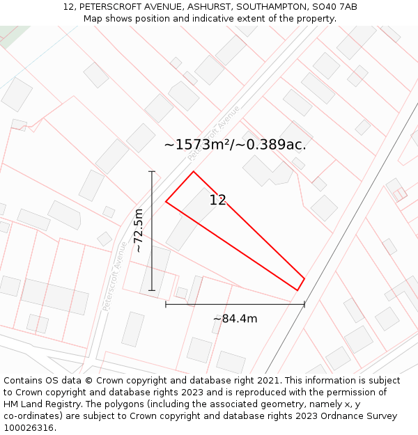 12, PETERSCROFT AVENUE, ASHURST, SOUTHAMPTON, SO40 7AB: Plot and title map