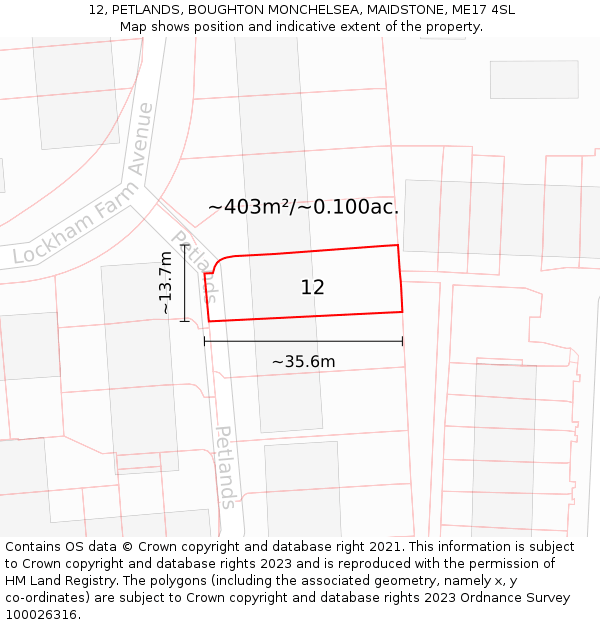 12, PETLANDS, BOUGHTON MONCHELSEA, MAIDSTONE, ME17 4SL: Plot and title map