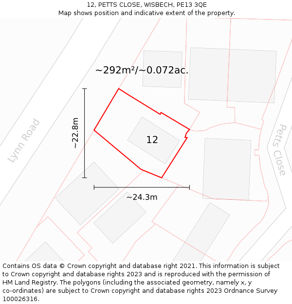 12, PETTS CLOSE, WISBECH, PE13 3QE: Plot and title map