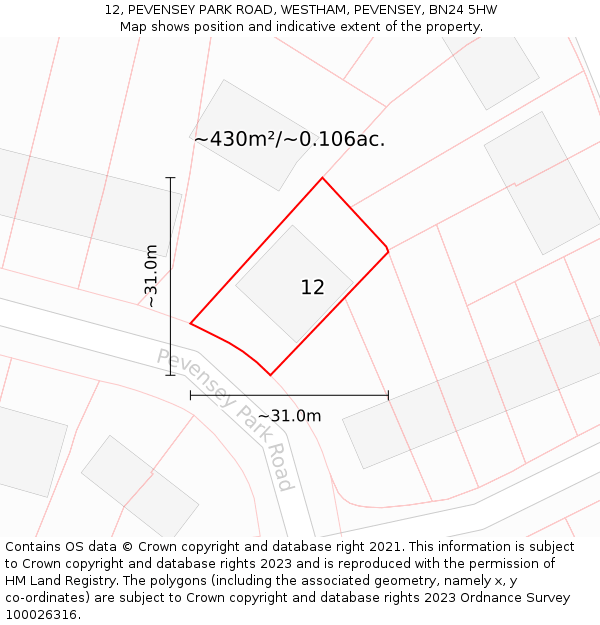 12, PEVENSEY PARK ROAD, WESTHAM, PEVENSEY, BN24 5HW: Plot and title map