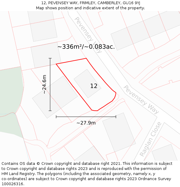 12, PEVENSEY WAY, FRIMLEY, CAMBERLEY, GU16 9YJ: Plot and title map