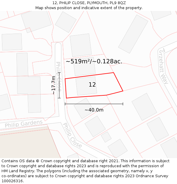 12, PHILIP CLOSE, PLYMOUTH, PL9 8QZ: Plot and title map