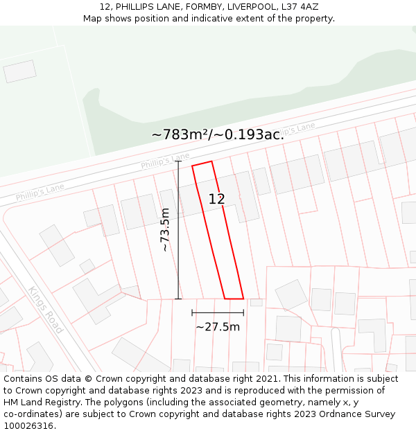 12, PHILLIPS LANE, FORMBY, LIVERPOOL, L37 4AZ: Plot and title map