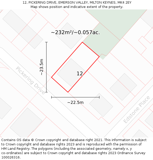 12, PICKERING DRIVE, EMERSON VALLEY, MILTON KEYNES, MK4 2EY: Plot and title map