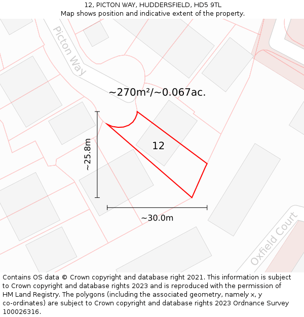 12, PICTON WAY, HUDDERSFIELD, HD5 9TL: Plot and title map